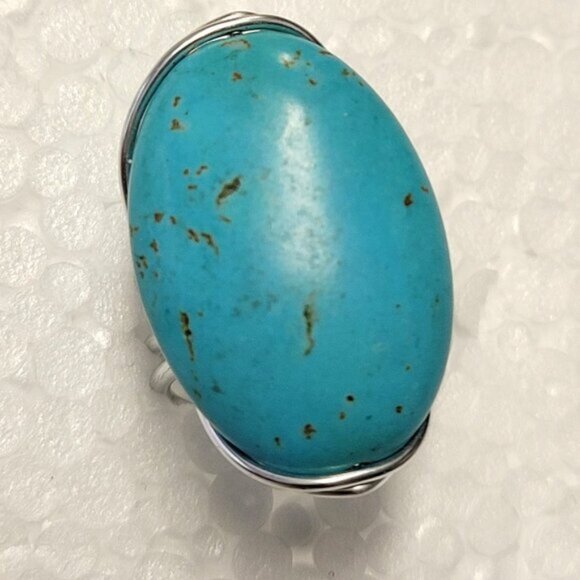 Turquoise Gemstone Ring Adjustable Stainless Steel Band, Handmade Turquoise Ring - Picture 9 of 10